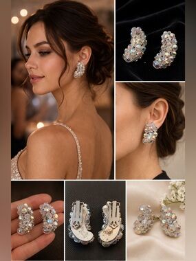 Vintage Aurora Borealis Crystal Cluster Clip On Earrings Bridal Wedding AB Glass
